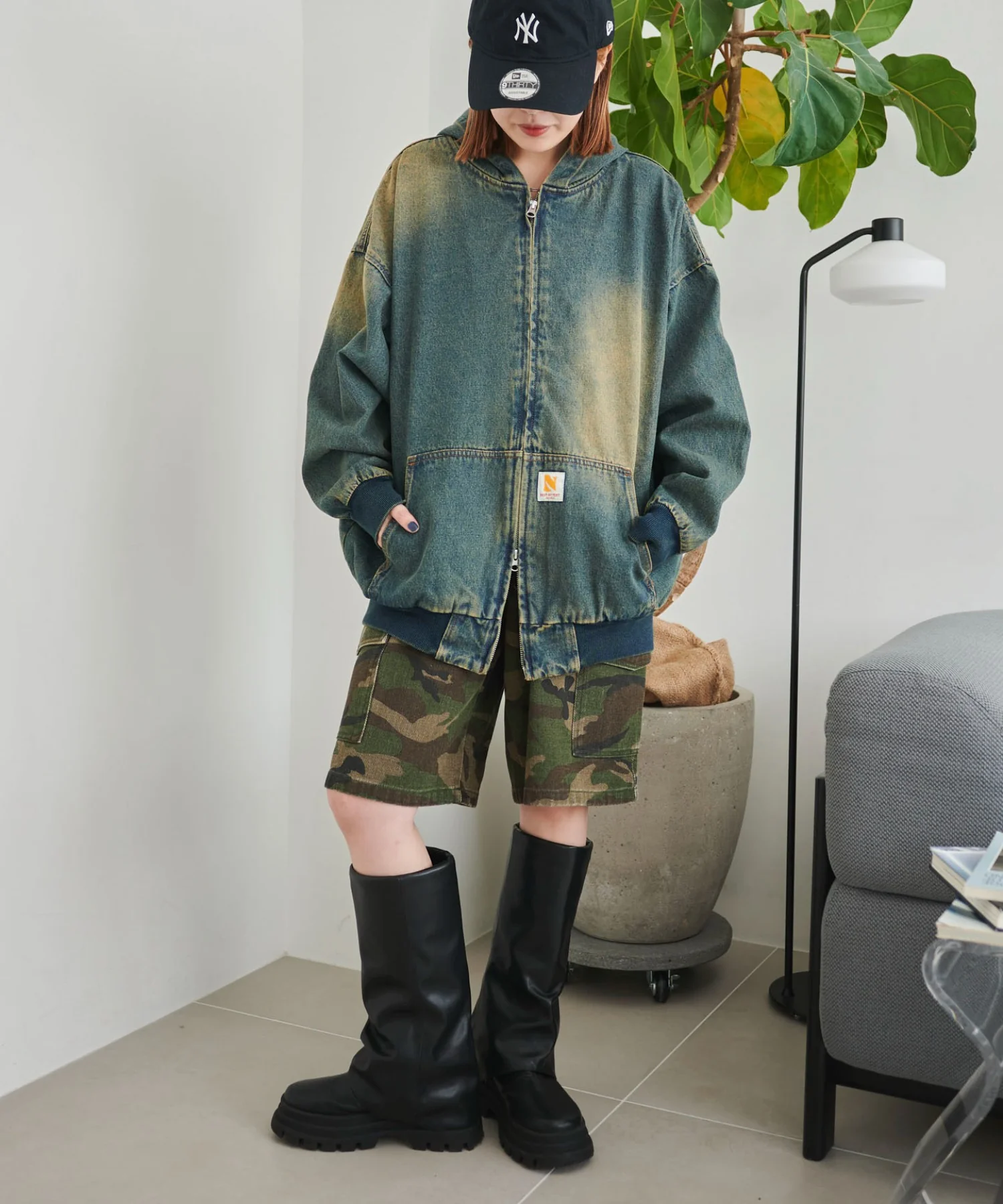ヴィンテージウォッシュデニムBIGフードブルゾン - Image 3